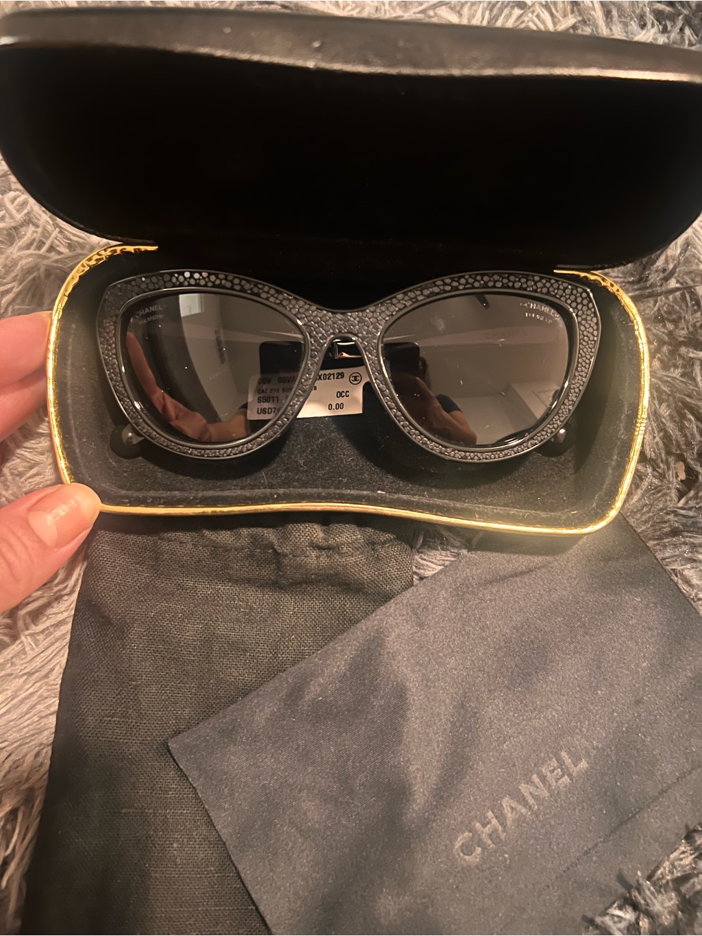 Vintage Chanel Black Stingray Cc Polarized Cat Eye Sunglasses 2014